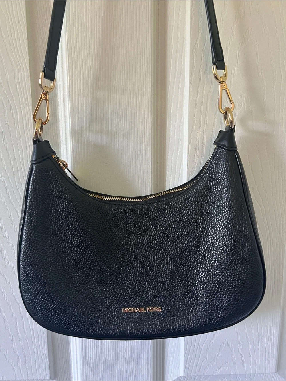 Michael Kors Black Pebbled Leather Crescent Shoulder Bag with Gold Hardware